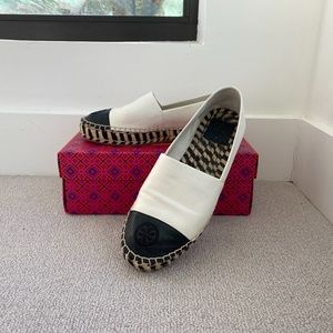 Tory Burch Color Block Cap Platform Espadrille Black White Ivory Leather sz 9.5